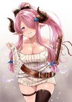  alternate_costume bare_shoulders belt belt_buckle black_bow black_legwear blue_eyes blurry blush bow breasts brown_belt buckle chokuro cleavage collarbone commentary_request cowboy_shot depth_of_field draph gradient gradient_background granblue_fantasy hair_bow hair_ornament hair_over_one_eye hair_tie hands_up head_tilt high_ponytail highres horns large_breasts long_hair long_sleeves looking_at_viewer loose_belt low_neckline narmaya_(granblue_fantasy) off-shoulder_sweater parted_lips pink_background pink_hair pointy_ears ponytail revision ribbed_sweater sheath sheathed shiny shiny_hair sidelocks single_thighhigh sleeves_past_wrists smile solo standing sweater sword thigh_strap thighhighs very_long_hair weapon white_sweater 