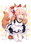  alternate_costume animal_ears apron bell bell_collar breasts chihiro_(khorosho) collar commentary_request enmaided fate/grand_order fate_(series) fox_ears fox_tail gloves hair_ribbon highres large_breasts long_hair looking_at_viewer maid maid_apron maid_headdress one_eye_closed open_mouth paw_gloves paw_shoes paws pink_hair ribbon shoes solo tail tamamo_(fate)_(all) tamamo_cat_(fate) thighhighs waist_apron white_legwear yellow_eyes 