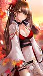  autumn_leaves azur_lane bangs blush breasts brown_eyes brown_hair cleavage closed_mouth commentary_request cowboy_shot dress evening hair_ornament highres holding holding_sword holding_weapon kanzashi katana large_breasts leaf long_hair looking_at_viewer maple_leaf pelvic_curtain ria_(riarea00) sheath sheathed smile solo sword tsumami_kanzashi very_long_hair weapon white_dress wide_sleeves zuikaku_(azur_lane) 