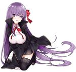  absurdly_long_hair bb_(fate)_(all) bb_(fate/extra_ccc) black_cape black_legwear black_skirt breasts cape eyebrows_visible_through_hair fate/extra fate/extra_ccc fate_(series) full_body gloves hair_between_eyes hair_ribbon highres kneeling large_breasts long_hair miniskirt neck_ribbon open_mouth pleated_skirt purple_eyes purple_hair red_neckwear red_ribbon ribbon shirt simple_background skirt solo takae_(poupee_en_biscuit) thighhighs very_long_hair white_background white_gloves white_shirt 