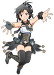  akizuki_ritchan antenna_hair asymmetrical_gloves black_eyes black_gloves black_hair black_hat black_legwear black_neckwear black_shorts blush fingerless_gloves gloves hat high_heels highres idolmaster idolmaster_(classic) idolmaster_platinum_stars kikuchi_makoto looking_at_viewer navel necktie outstretched_arms short_hair short_shorts shorts simple_background single_glove sleeveless smile solo sparkle thighhighs white_background wrist_cuffs 