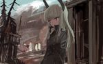  blonde_hair blurry coat day frown grete_m_gollob hands_in_pockets head_wings highres kabuyama_kaigi long_hair military military_uniform mountain outdoors red_eyes serious sky snow solo tree uniform world_witches_series 