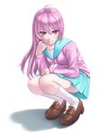  aqua_skirt brown_footwear full_body highres inose_(murphy) long_hair looking_at_viewer original purple_eyes purple_hair school_uniform serafuku skirt smile socks solo squatting white_legwear 