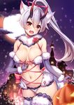  1girl :o alternate_color animal_ears bangs bare_shoulders blurry blush breasts building cat_ears commentary_request cosplay cowboy_shot dangerous_beast depth_of_field elbow_gloves eyebrows_visible_through_hair fangs fate/grand_order fate_(series) fingernails fur-trimmed_gloves fur-trimmed_legwear fur_trim gloves gradient_sky hair_between_eyes hair_ribbon halloween head_tilt headband high_ponytail highres horns jack-o'-lantern lace large_breasts long_hair looking_at_viewer mash_kyrielight mash_kyrielight_(cosplay) moon nail_polish navel night night_sky o-ring oni_horns open_mouth panties pink_ribbon ponytail pupupu_(1053378452) purple_gloves purple_legwear purple_nails red_eyes revealing_clothes ribbon sharp_fingernails shiny shiny_hair shiny_skin silver_hair sky slit_pupils solo sparkle standing star_(sky) starry_sky stomach thighhighs tomoe_gozen_(fate/grand_order) tree underwear v-shaped_eyebrows white_headband white_legwear white_panties 
