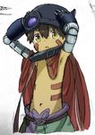 :o armpits brown_hair cape collar eyebrows_visible_through_hair facial_mark hair_between_eyes hands_on_headwear highres looking_at_viewer made_in_abyss male_focus mechanical_arm mi_(pic52pic) navel pants parted_lips red_cape regu_(made_in_abyss) solo standing upper_body yellow_eyes 