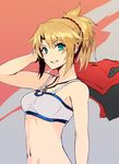  blonde_hair bra breasts collarbone eyebrows_visible_through_hair fate/apocrypha fate_(series) green_eyes grey_bra grin hair_between_eyes hair_ornament hair_scrunchie high_ponytail holding holding_jacket jacket jacket_removed jewelry long_hair looking_at_viewer medium_breasts midriff mordred_(fate) mordred_(fate)_(all) navel necklace open_clothes open_jacket red_scrunchie sasakure_sasaru scrunchie sidelocks smile solo standing stomach underwear upper_body 