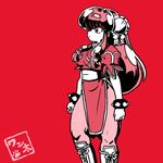  1girl bracelet breasts china_dress chinese_clothes chun-li chun-li_(cosplay) cosplay female long_hair monochrome pantyhose pelvic_curtain ranma_1/2 sample shampoo_(ranma_1/2) simple_background solo spiked_bracelet spikes standing street_fighter wantan-orz 