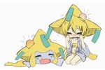  blonde_hair closed_eyes commentary crying gen_3_pokemon head_bump injury jirachi kneeling lying metal_(xmetalx) moemon on_stomach pokemon pokemon_(creature) pokemon_(game) simple_background white_background 