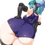  ass black_gloves black_legwear blue_hair blush breasts chromatic_aberration commentary_request dd_(ijigendd) dutch_angle elbow_gloves eyebrows_visible_through_hair frame_arms_girl from_behind gloves hand_on_hip headgear highres hresvelgr legs_together looking_at_viewer looking_back mecha_musume medium_breasts one-piece_swimsuit purple_eyes school_swimsuit shiny shiny_clothes shiny_hair shiny_skin short_hair simple_background solo swimsuit thigh_gap thighhighs thighs white_background 