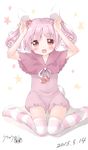  :3 :d animal_ears arms_up bangs barefoot blush bunny_ears bunny_girl bunny_tail capelet collarbone dated detached_leggings eyebrows_visible_through_hair feet_out_of_frame head_tilt highres looking_at_viewer open_mouth original pink_capelet pink_hair pink_jumpsuit pom_pom_(clothes) red_eyes short_jumpsuit signature simple_background sitting smile solo star starry_background striped striped_legwear tail twintails uchuuneko wariza white_background 