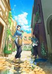  1girl absurdres apron black_hair brown_eyes brown_hair bucket city cloud day flower hand_on_hip hand_on_own_head highres isekai_izakaya_&quot;nobu&quot; japanese_clothes kururi ladle long_hair outdoors plant potted_plant puddle road sandals senke_shinobu shade short_hair sky sliding_doors smile street vines waist_apron water yazawa_nobuyuki 