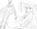  aoki_shizumi armor armored_boots ass blush boots fate/extra fate/extra_ccc fate_(series) from_side greyscale hair_ribbon knees_up long_hair looking_at_viewer meltlilith monochrome ribbon sketch solo spikes sweat translation_request 