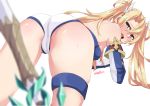  1girl alakoala_shoushou all_fours ass bangs bare_shoulders blonde_hair blue_eyes blurry blush bradamante_(fate/grand_order) braid breasts depth_of_field elbow_gloves fate/grand_order fate_(series) french_braid gloves hair_between_eyes hair_ornament hips leotard long_hair looking_at_viewer looking_back medium_breasts open_mouth simple_background solo sweat thigh_strap thighs twintails weapon white_background 