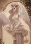  anthro archway breasts column equine feathered_wings feathers female fur hair horn mammal navel nipples nude olive pedestal raventenebris solo tree unicorn_horn white_fur winged_unicorn wings 