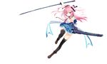  aihara_shion black_legwear boots butterfly_hair_ornament cross-laced_footwear dress floating_hair flower full_body hair_flower hair_ornament highres holding holding_sword holding_weapon kizuna_kirameku_koi_iroha long_hair looking_at_viewer nironiro official_art outstretched_arm outstretched_hand pink_hair purple_eyes sheath short_sleeves smile solo sword thighhighs transparent_background weapon 
