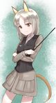  animal_ears brave_witches brown_eyes cowboy_shot crossed_arms edytha_rossmann eyebrows_visible_through_hair fox_ears fox_tail highres holding_pointer looking_at_viewer makinon military military_uniform short_hair silver_hair smile solo tail uniform world_witches_series 