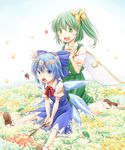  bangs blue_bow blue_dress blue_eyes blue_hair bow brown_footwear cirno commentary_request daiyousei dress fairy_wings fang field flower flower_field frog green_eyes green_hair green_skirt hair_bow hair_flower hair_ornament head_wreath heart ice ice_wings kneeling leaning_forward long_hair multiple_girls open_mouth puffy_short_sleeves puffy_sleeves putting_on_headwear red_neckwear shoes short_dress short_sleeves side_ponytail sitting skirt skirt_set smile socks squiggle stick sweatdrop tamasan touhou v_arms vest white_legwear wing_collar wings yellow_bow yellow_neckwear 