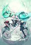  absurdres aqua_eyes aqua_hair bad_id bad_pixiv_id barefoot belt bridal_gauntlets detached_sleeves dual_persona elbow_gloves fingerless_gloves gloves hatsune_miku hatsune_miku_(append) highres legs lena_(zoal) long_hair microphone microphone_stand multiple_girls necktie no_panties smile thighhighs toeless_legwear twintails very_long_hair vocaloid vocaloid_append zettai_ryouiki 