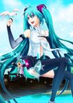  absurdres aqua_eyes aqua_hair bad_id bad_pixiv_id bird bridal_gauntlets chibi detached_sleeves hand_on_own_chest hatsune_miku hatsune_miku_(append) highres long_hair necktie niinashiina skirt solo thighhighs twintails very_long_hair vocaloid vocaloid_append 