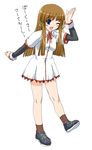  brown_hair cosplay highres long_hair one_eye_closed ribbon routes school_uniform shichimenchou simple_background solo yuasa_satsuki yuasa_satsuki_(cosplay) 