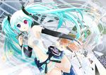  aqua_hair belt bridal_gauntlets elbow_gloves gloves hatsune_miku hatsune_miku_(append) heterochromia long_hair navel necktie porurin solo thighhighs vocaloid vocaloid_append 