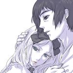  1girl axis_powers_hetalia belarus_(hetalia) black_hair blue_eyes couple hair_ribbon hetero higi_(rodriguez) hug japan_(hetalia) lipstick makeup monochrome purple ribbon spot_color 