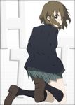  back blazer brown_hair hands_in_pockets hirasawa_ui jacket k-on! kneehighs looking_back mizuki_makoto no_thank_you! plaid school_uniform short_hair skirt socks solo 