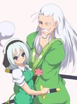  1girl bad_id bad_pixiv_id beard blue_eyes chin_stroking facial_hair flower grandfather_and_granddaughter hair_ribbon hairband holding japanese_clothes katana konpaku_youki konpaku_youmu konpaku_youmu_(ghost) long_hair looking_at_viewer mustache okaki old_man one_eye_closed ribbon sheath short_hair silver_hair simple_background skirt skirt_set smile sword touhou vest weapon white_background 