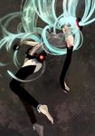  absurdres aqua_hair asako barefoot belt bridal_gauntlets closed_eyes elbow_gloves fingerless_gloves gloves hatsune_miku hatsune_miku_(append) highres long_hair navel necktie solo toeless_legwear twintails very_long_hair vocaloid vocaloid_append 