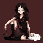  arm_support black_eyes black_hair black_legwear female_protagonist_(houkago_play_2) freckles glasses houkago_play houkago_play_2 ink kasa kneehighs paper pen school_uniform serafuku short_hair sitting socks solo 