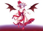  bat_wings blood blue_hair bow detached_wings floating from_behind hat high_heels ina_(inadahime) looking_back pool_of_blood red_eyes remilia_scarlet ribbon ripples shoes short_hair solo touhou wings wrist_cuffs 