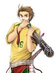  ahoge australia_(hetalia) axis_powers_hetalia belt boomerang brown_hair clothes_writing didgeridoo eyebrows facepaint feathers jersey male_focus sherry_lai sideburns simple_background smile soccer solo sport sportswear uniform world_cup yellow_eyes 