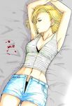  alice_kei_(lemon-jiru) android_18 armpits black_bra black_panties blonde_hair bra breasts cleavage dragon_ball dragon_ball_z earrings highres jewelry jpeg_artifacts lingerie lying medium_breasts navel on_back panties short_hair solo underwear unzipped 