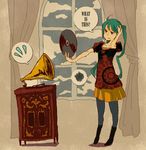  ? confused dress english green_hair hatsune_miku long_hair mentama pantyhose phonograph record solo squiggle twintails uneven_eyes vocaloid 