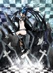  bikini_top black_hair black_rock_shooter black_rock_shooter_(character) blue_eyes boots burning_eye coat flat_chest highres long_hair midriff navel pale_skin scar shironaga solo twintails very_long_hair 