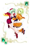  bad_id bad_pixiv_id boots capelet dress dual_persona espgaluda green_eyes green_hair holding_hands jumping multiple_girls nachi_(5200) orange_skirt pleated_skirt red_dress shoes short_hair skirt sparkle tateha 