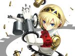  aegis_(persona) android armband blonde_hair blue_eyes casing_ejection cygnus_(cygnus7) drum_magazine md5_mismatch persona persona_3 shell_casing short_hair smile solo 