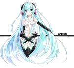  absurdres aqua_eyes aqua_hair belt bridal_gauntlets elbow_gloves fingerless_gloves gloves hatsune_miku hatsune_miku_(append) highres long_hair navel necktie simple_background smile solo takanashi_kei_(hitsujikan) twintails very_long_hair vocaloid vocaloid_append 