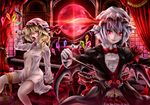  bat_wings blonde_hair bow flandre_scarlet full_moon hat holding_needle instrument licking moon multiple_girls needle onokoro401 open_clothes open_shirt piano red red_eyes red_moon remilia_scarlet shirt short_hair siblings side_ponytail sisters tongue touhou wings 