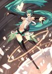  absurdres ahoge aqua_eyes aqua_hair barefoot belt bridal_gauntlets elbow_gloves fingerless_gloves gloves hatsune_miku hatsune_miku_(append) highres keypot long_hair navel necktie smile solo toeless_legwear twintails very_long_hair vocaloid vocaloid_append 