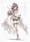  :d absurdres agarest_senki agarest_senki_(series) angel_wings armlet belt blush bracer breasts brown_hair crop_top fantasy feet green_eyes green_skirt highres hirano_katsuyuki leg_up legs long_hair medium_breasts midriff miniskirt navel no_bra official_art open_mouth ponytail sandals scan shadow shiny shiny_clothes silvi_(agarest_senki) simple_background skirt smile solo standing standing_on_one_leg sword thigh_strap toes underboob weapon wings 