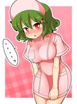  1girl blush breasts dress dress_tug embarrassed green_hair hair_ornament hairclip hat impossible_clothes kazami_yuuka large_breasts leaning_forward nurse nurse_cap pink_background plaid plaid_background red_eyes short_hair solo tight touhou unadare 