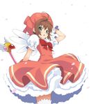  brown_hair cardcaptor_sakura chikachan dress fuuin_no_tsue green_eyes hat kinomoto_sakura magical_girl pink_hat short_hair solo wand 