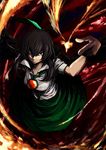  black_hair bow breasts cape fire from_above hair_bow lefthand long_hair md5_mismatch medium_breasts red_eyes reiuji_utsuho solo touhou wings 