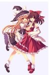  bad_id bad_pixiv_id blonde_hair bow braid brown_hair detached_sleeves hair_bow hakurei_reimu hat kirisame_marisa long_hair multiple_girls peach_(momozen) short_hair touhou witch_hat yellow_eyes 