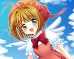  bad_id bad_pixiv_id brown_hair cardcaptor_sakura dress green_eyes hat kinomoto_sakura pink_hat short_hair solo yayoi_(pipi) 