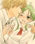  blonde_hair blush cravat dress_shirt green_hair koiwai_yotsuba necktie neko_yuuko older school_uniform shirt teenage yanda yotsubato! 