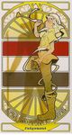  anubis art_nouveau artist_request axis_powers_hetalia bandages brown_eyes card_(medium) different_shadow egypt_(hetalia) egyptian egyptian_mythology flag instrument judgement keffiyeh male_focus parody profile receipt scan shadow solo standing tarot text_focus trumpet 