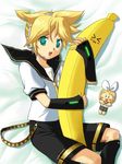  &gt;_&lt; 1girl :3 aqua_eyes bad_id bad_pixiv_id banana blonde_hair brother_and_sister closed_eyes detached_sleeves doll food fruit ginko_(konekonoshippo) headphones holding holding_food holding_fruit kagamine_len kagamine_rin necktie short_hair shorts siblings twins vocaloid x3 