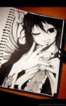  :p bow houjuu_nue monochrome nail_polish notebook one_eye_closed oso_(toolate) pen photo short_hair snake solo tongue tongue_out touhou traditional_media wings 